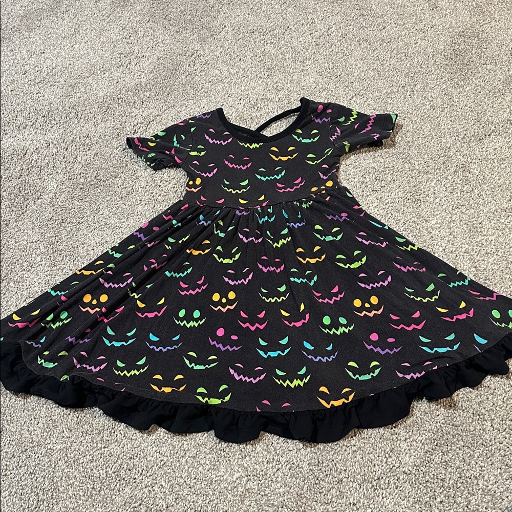 Little Popp‎ Crew Bamboo twirl short sleeve Halloween Jack o lantern face dress